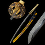 Double Dragon Sword disassembled components display, including blade, gold handle, and patterned scabbard, for structural understanding.