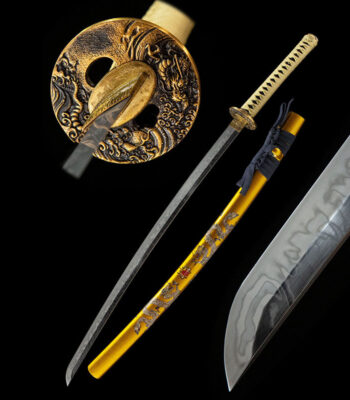 Double Dragon Sword disassembled components display, including blade, gold handle, and patterned scabbard, for structural understanding.