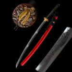 Longhai Katana disassembled components display, including blade, red scabbard, and handle, for structural understanding.