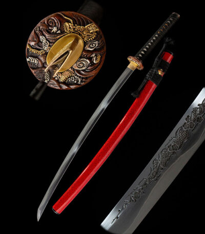Longhai Katana disassembled components display, including blade, red scabbard, and handle, for structural understanding.