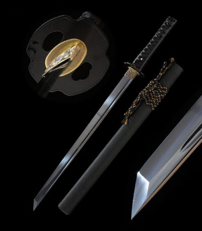 Shadow Ninja Straight Blade disassembled components display, including straight blade, black handle, and scabbard, presenting ninja style.