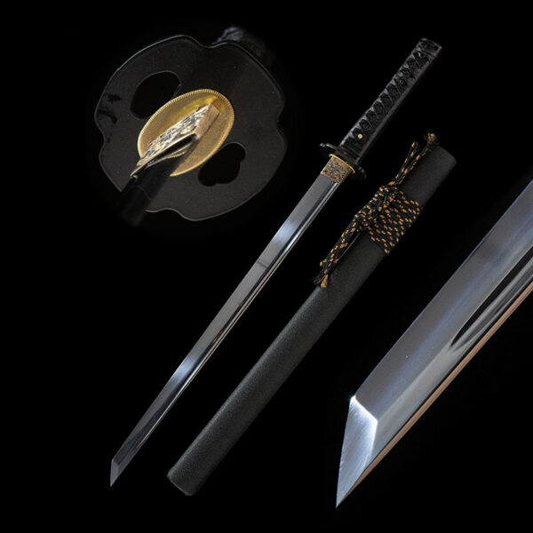 Shadow Ninja Straight Blade disassembled components display, including straight blade, black handle, and scabbard, presenting ninja style.