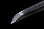 Premium Tanto blade tip detail, highlighting cutting edge profile and sharpness.