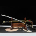 Golden Dragon Phoenix Sword, complete display with wooden stand, golden scabbard and black wrapped handle, collectible samurai sword