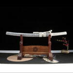 Little White Dragon Wakizashi, complete display with wooden stand, white scabbard, white wrapped handle, collectible samurai short sword.