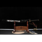 Longyao Kyushu Japanese Sword, complete display with wooden stand, black and white dragon pattern scabbard, black handle, traditional collectible sword