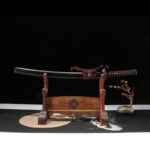 Luohan Wakizashi, complete display with wooden stand, black scabbard, red and black knot with white wrapped handle, collectible samurai short sword