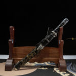 Mo Yulong Knife, complete display with wooden stand, black scabbard with golden patterns, silver tsuba, traditional collectible sword
