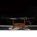 Salo Knife, full display with wooden stand, dark wood-grain scabbard, black wrapped handle, classic samurai sword