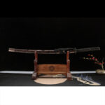 Demon-killing Sword, complete display with wooden stand, black scabbard and wrapped handle, collectible samurai sword