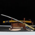 Double Dragon Sword, complete display with wooden stand, golden scabbard with dragon pattern, sharp blade details, collectible samurai sword