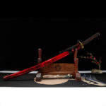 Dragon Slayer Japanese Sword, complete display with wooden stand, red scabbard and black handle, traditional collectible samurai sword