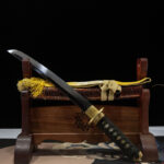 Emperor's Golden Blade, complete display with wooden stand, black blade and golden tsuba, collectible short sword