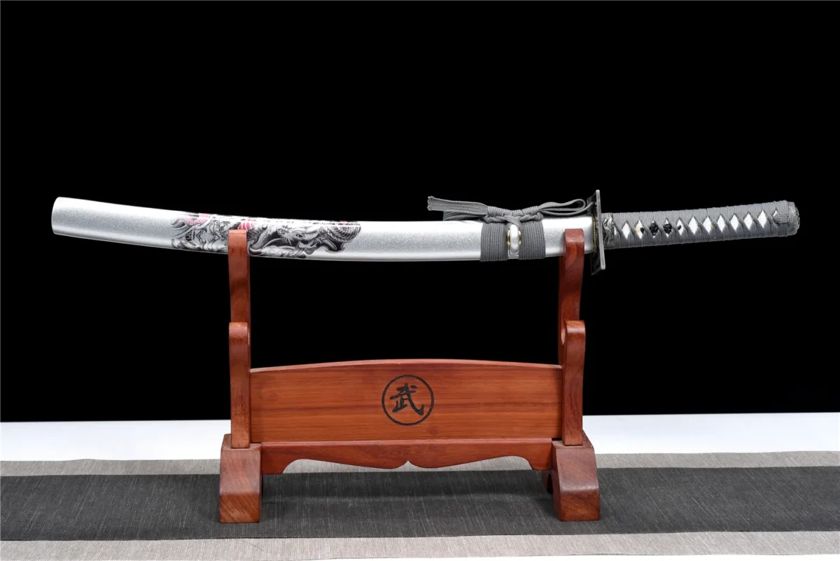 20-inch Samurai Sword Training Wooden Sword Type B full-length display on stand with lacquered scabbard, training samurai sword, wooden samurai sword