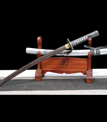20-inch Samurai Sword Training Wooden Sword Type B angled stand display with sheathed sword on wooden rack, training samurai sword, wooden samurai sword