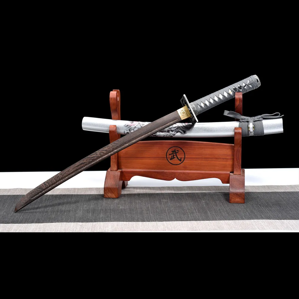 20-inch Samurai Sword Training Wooden Sword Type B angled stand display with sheathed sword on wooden rack, training samurai sword, wooden samurai sword