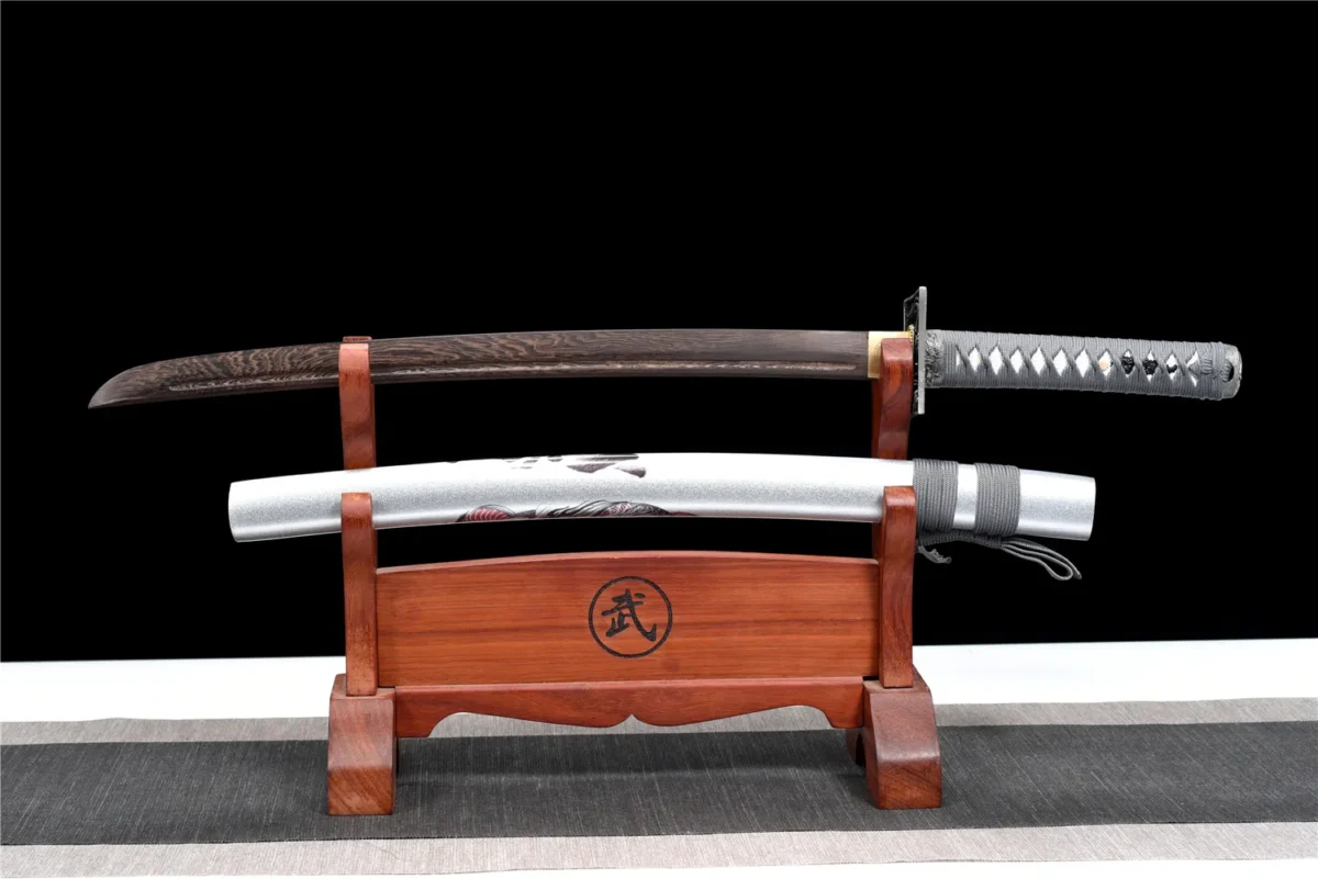 20-inch Samurai Sword Training Wooden Sword Type B full stand display with sheathed sword on wooden rack, training samurai sword, wooden samurai sword