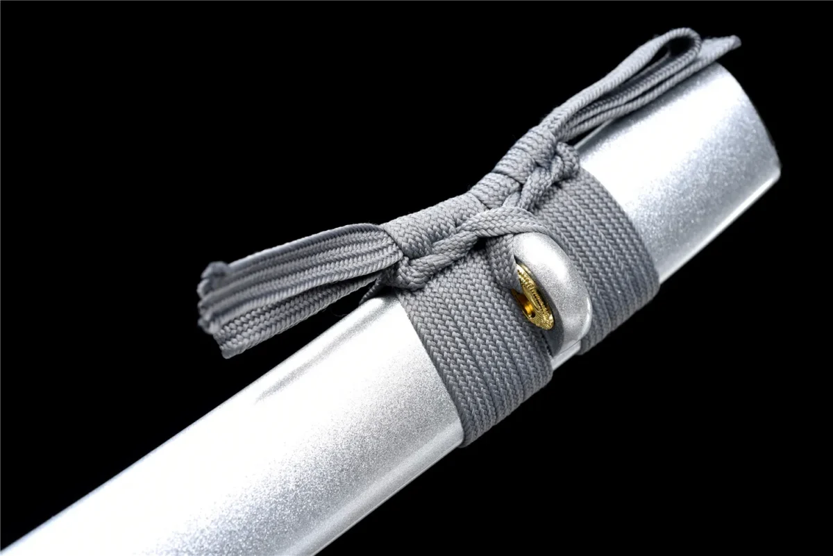 20-inch Samurai Sword Training Wooden Sword Type B sageo cord knot and tassel on white scabbard detail, training samurai sword, wooden samurai sword