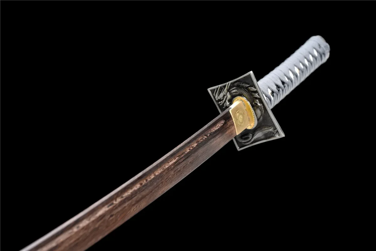 20-inch Samurai Sword Training Wooden Sword Type B scabbard mouth with brass habaki inset on white lacquered scabbard, training samurai sword, wooden samurai sword