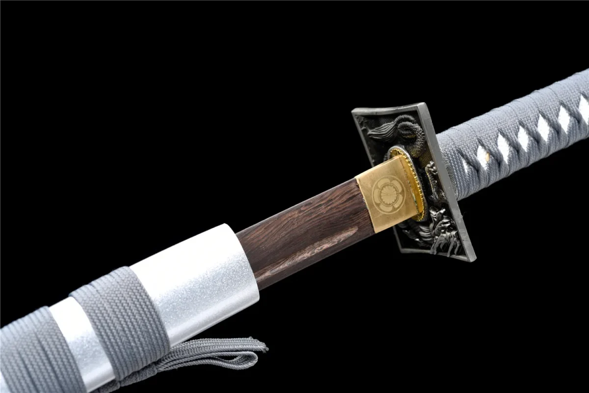 20-inch Samurai Sword Training Wooden Sword Type B fuchi and tsuba junction detail with natural wood handle and silver-tone guard, training samurai sword, wooden samurai sword