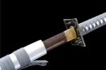 20-inch Samurai Sword Training Wooden Sword Type B fuchi and tsuba junction detail with natural wood handle and silver-tone guard, training samurai sword, wooden samurai sword