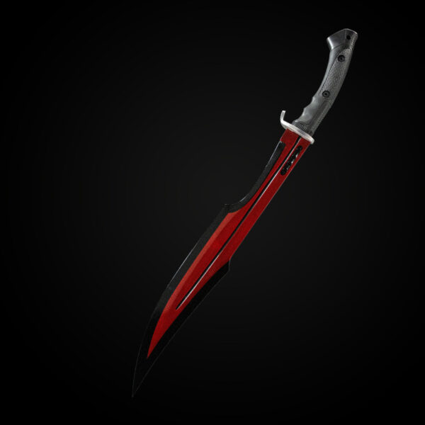 Spartan Warrior Knife, sharp red blade, ergonomic handle, combat ready.