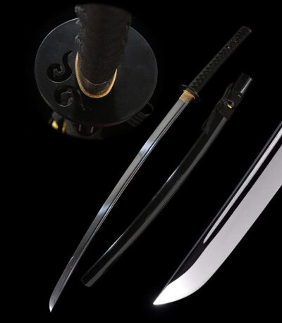 Black Mythical Japanese sword full view, featuring sharp blade, glossy scabbard, and tip detail, highlighting superior design and craftsmanship.