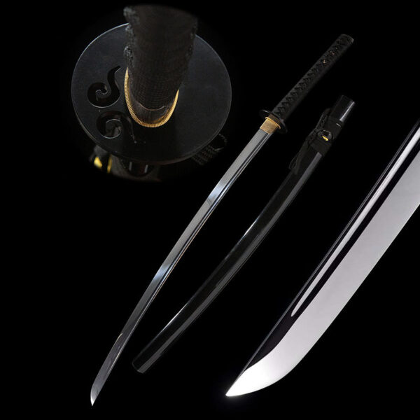 Black Mythical Japanese sword full view, featuring sharp blade, glossy scabbard, and tip detail, highlighting superior design and craftsmanship.