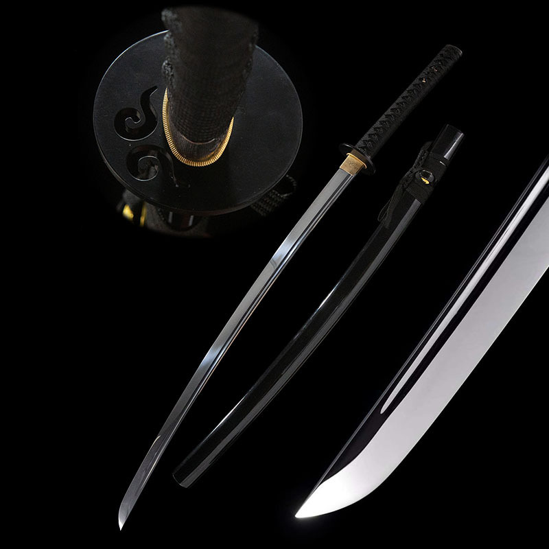 Black Mythical Japanese sword full view, featuring sharp blade, glossy scabbard, and tip detail, highlighting superior design and craftsmanship.