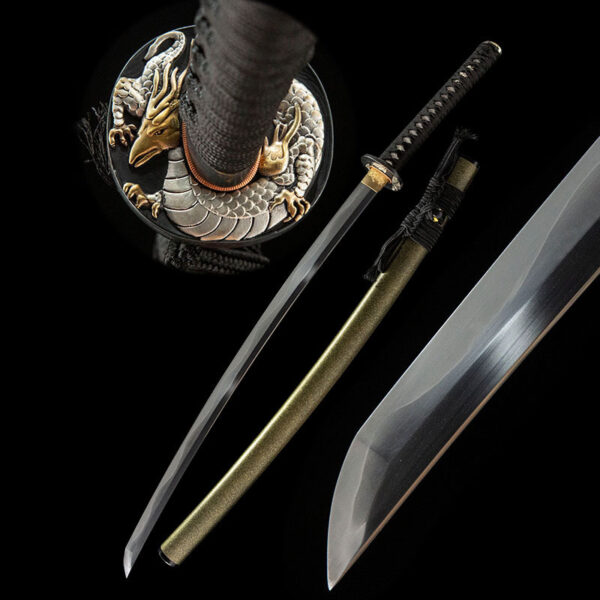 Golden Dragon Phoenix Sword disassembled components display, including blade, gold handle, and scabbard, for structural understanding.