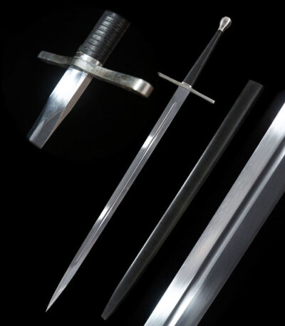 European sword components display, blade, hilt, separate parts, detailed view of assembly.