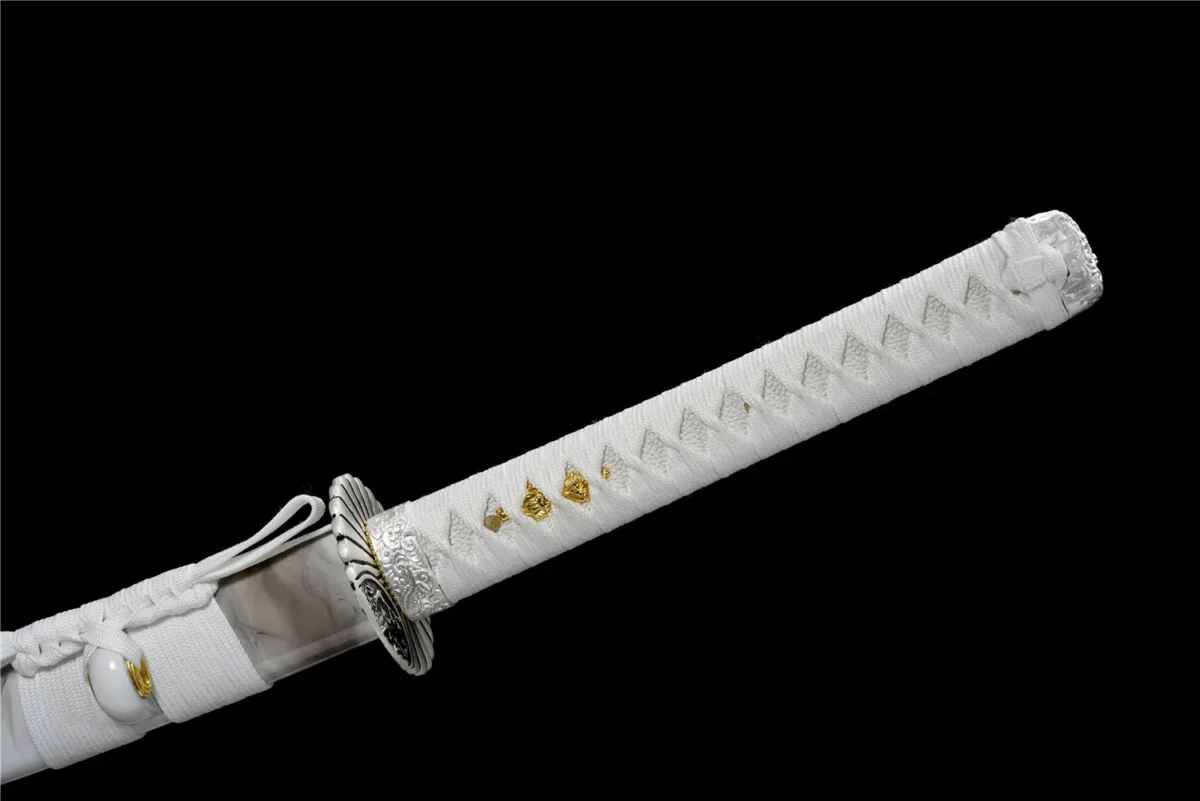 Plastic Training Knife Type A underside of habaki and blade-mouth detail in white plastic, training samurai sword, plastic training sword