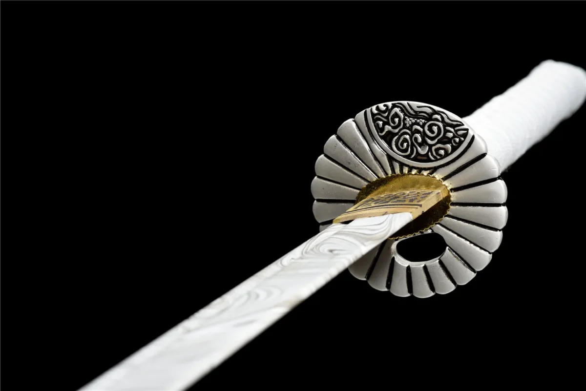 Plastic Training Knife Type A flower-shaped tsuba guard detail in white molded plastic, training samurai sword, plastic training sword