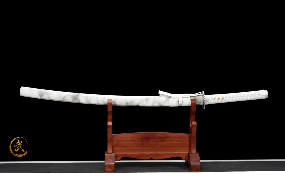 Plastic Training Knife Type A full scabbard swirl-pattern view in white plastic, training samurai sword, plastic training sword