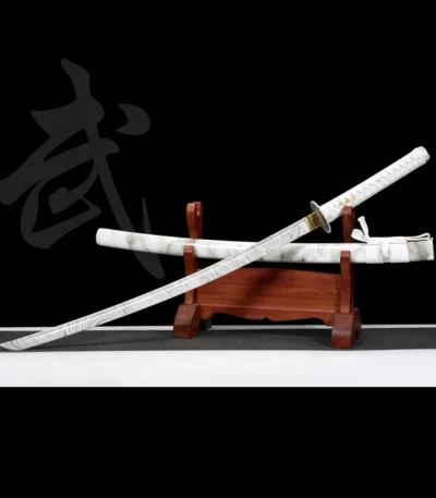 Plastic Training Knife Type A stand display with dual curved plastic blades and white swirl pattern, training samurai sword, plastic training sword