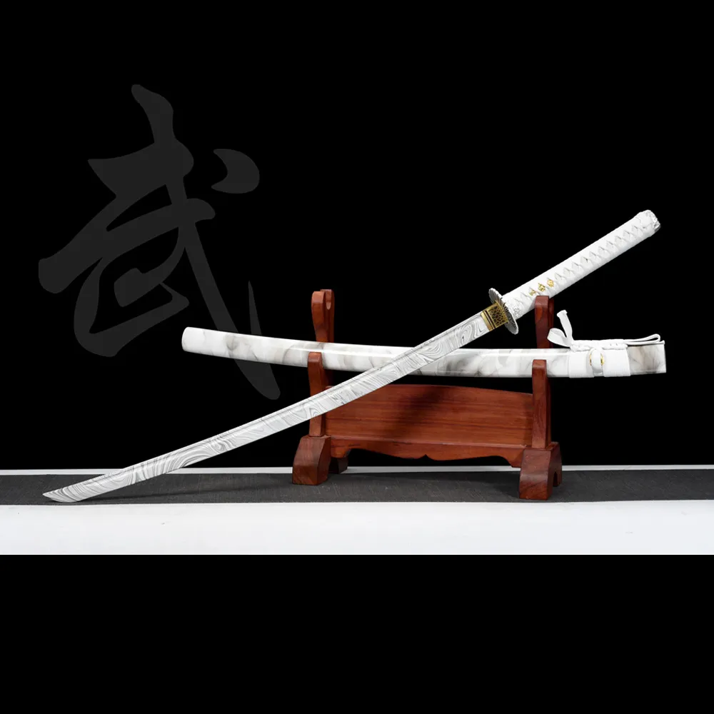 Plastic Training Knife Type A stand display with dual curved plastic blades and white swirl pattern, training samurai sword, plastic training sword