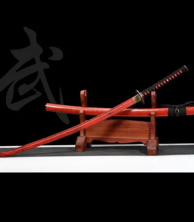 red Plastic Training Knife crossed display of two red plastic swords on stand, training samurai sword, plastic training sword