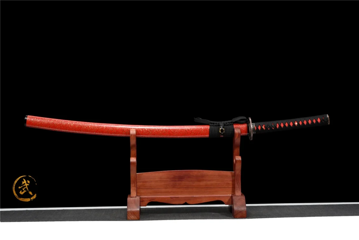 red Plastic Training Knife full display on wooden stand with red plastic scabbard, training samurai sword, plastic training sword
