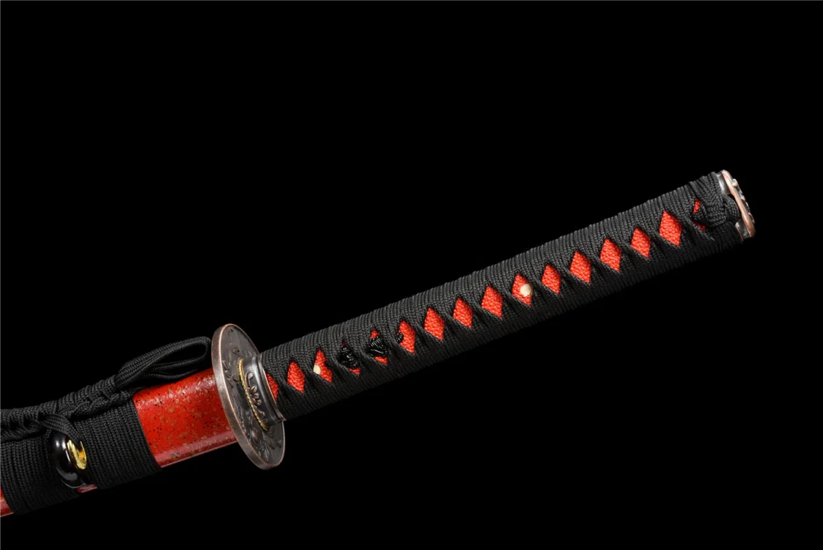 red Plastic Training Knife tsuka-ito wrap detail in black over red plastic handle, training samurai sword, plastic training sword
