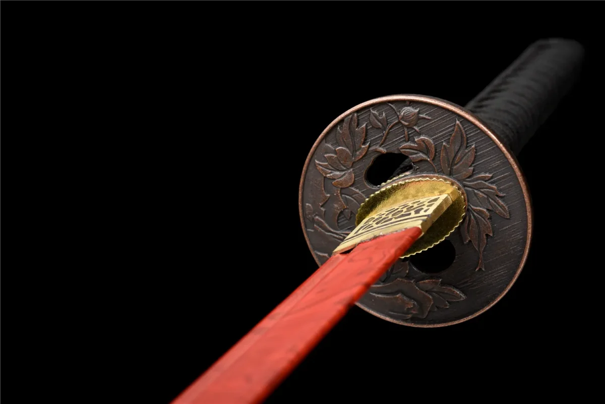 red Plastic Training Knife habaki and blade junction detail with gold-tone insert on red plastic blade, training samurai sword, plastic training sword