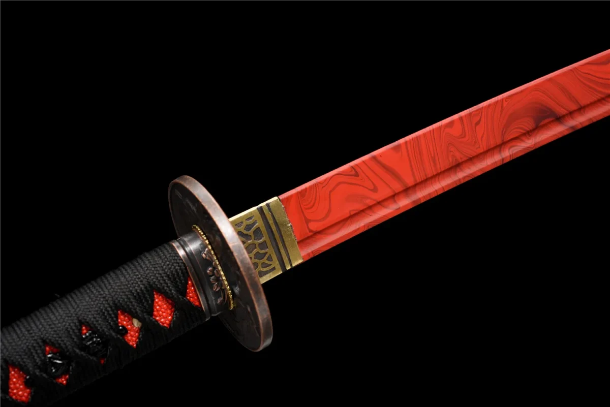 red Plastic Training Knife habaki and blade-mouth junction detail in red plastic, training samurai sword, plastic training sword