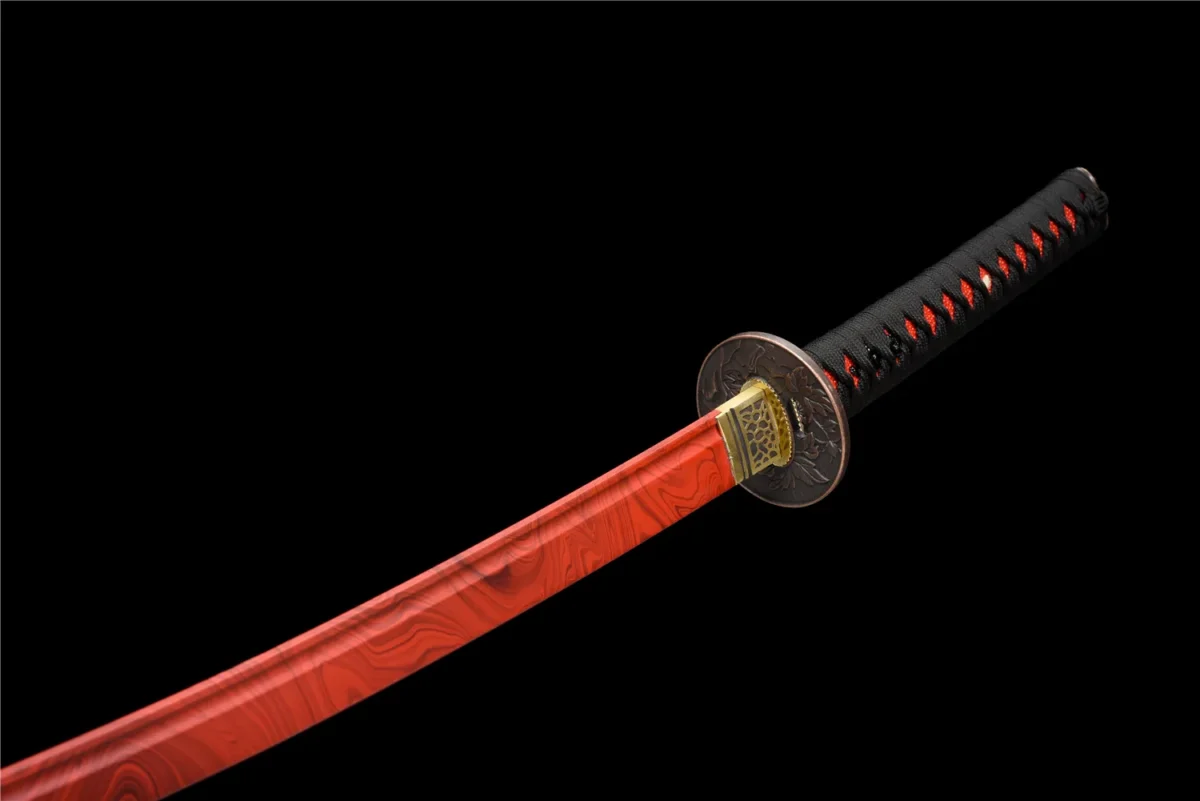 red Plastic Training Knife guard front view with floral cast design in red plastic, training samurai sword, plastic training sword