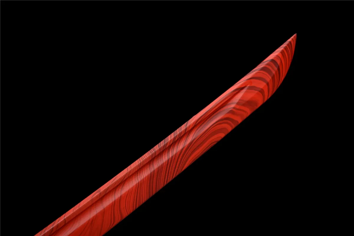 red Plastic Training Knife blade curve close-up with red swirl pattern detail, training samurai sword, plastic training sword