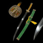 Daming Imperial Sword, full view, complete blade, scabbard, and tassel, black background for display