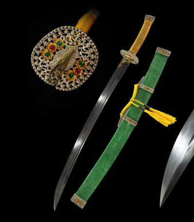 Daming Imperial Sword, full view, complete blade, scabbard, and tassel, black background for display