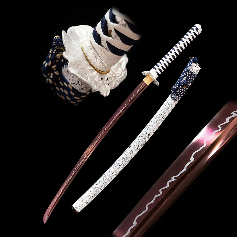 White Lotus Knife disassembled components display, including blade, handle, scabbard, and wrapping, for structural understanding.