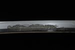 Buddha and Demon Sword blade, clear Buddha and Demon themed engraving, shiny steel, combination of art and power.
