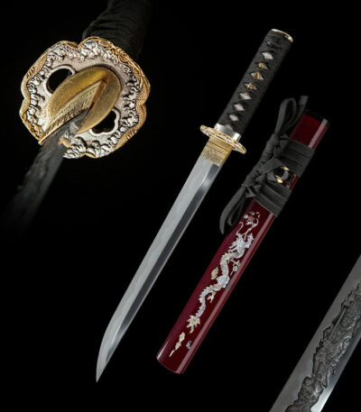 Red Flame Dragon Soul Katana set, black scabbard, gold accents, display.