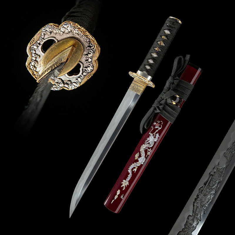 Red Flame Dragon Soul Katana set, black scabbard, gold accents, display.