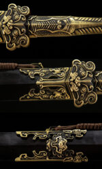 Zhuang Wang Sword golden metal fittings close-up, showcasing exquisite carving on hilt, scabbard mouth, and end